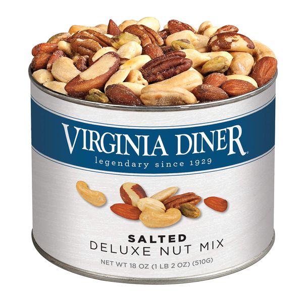 Virginia Diner - Gourmet Natural Deluxe Nut Mix (Virginia Peanuts, Almonds, Cashews, Pecans, Pistachios & Brazil Nuts), 18 Ounce Tin