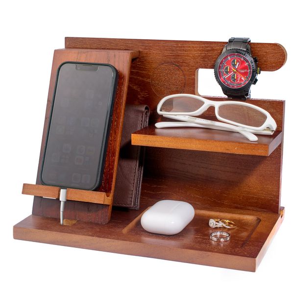 TJC Gifts for Men Wooden Phone Docking Station Bedside Organiser for Him Wooden Phone Holder for Men Nightstand Key Wallet Watch Wooden Desk Organizer Xmas Gift for Dad - Dark Brown