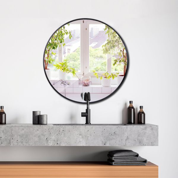 24'' Black Round Mirror Wall Mounted Metal Frame For Bathroom Bedroom Livingroom