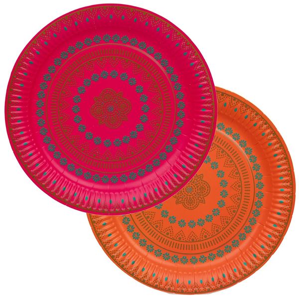 Talking Tables Premium Paper Plates for Diwali Party Decorations for The Table | Recyclable Dishes | Serving Platters |Disposable Tableware for Boho Theme | Mandala Design Pink Orange | Pack of 12