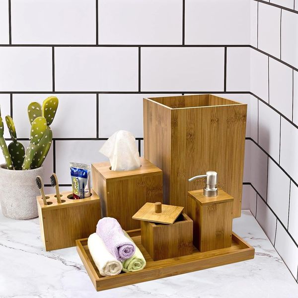 Bamboo Toilet Bathroom Accessory 6pc piece Set Soap Dispenser Soap Dish Toothbrush Holder Tray Toilet Bin Natural