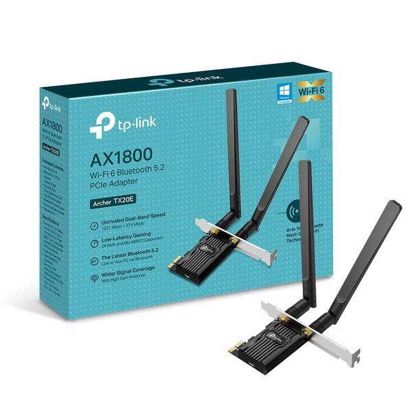 TP-Link AX1800 Wi-Fi 6 Dual Antennas High Gain Bluetooth 5.2 PCIe Adapter, Dual-Band, Low-Profile Bracket, MU-MIMO, Low- Latency Gaming, Supports Windows 10/11, Highly Secure WPA3 (Archer TX20E),Black