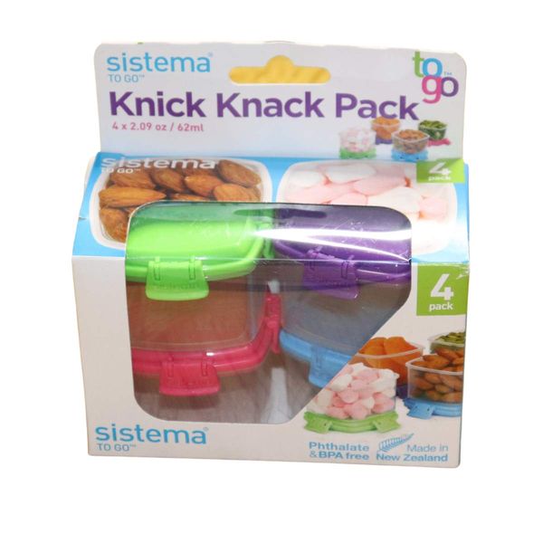 Sistema Knick Knack Pack TO GO Small Food Containers | Stackable Storage Containers with Lids | 62 ml | BPA-Free | Assorted Colour Lids | 4 Count