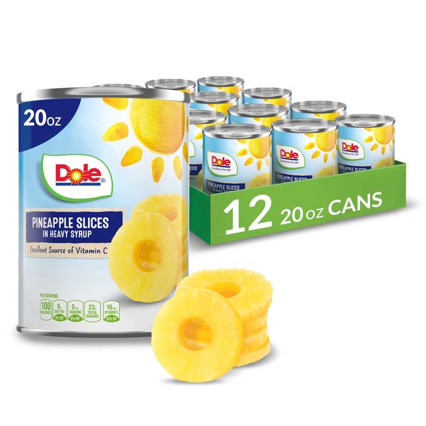 Dole Canned Fruit, Pineapple Slices in Heavy Syrup, Gluten Free, Pantry Staples, 20 Oz, 12 Count, Packaging May Vary