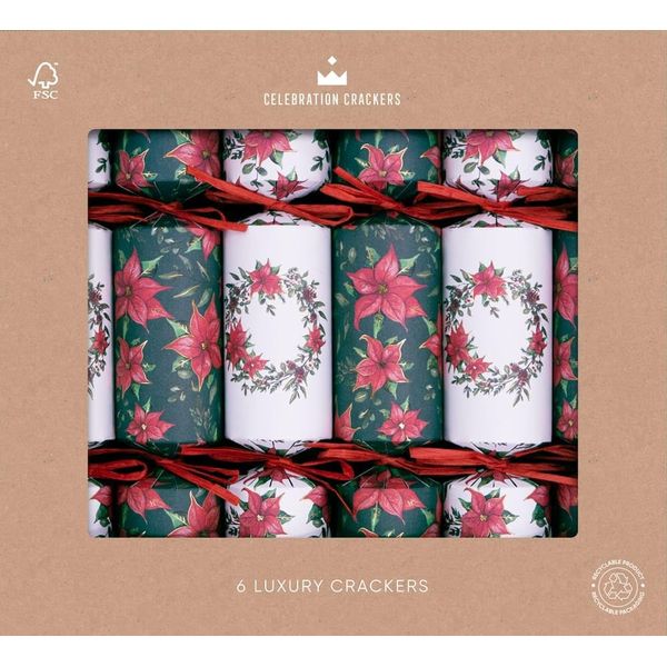 Celebration Crackers Eco Friendly Regency Range Christmas Crackers - Tray of 6 x 13 Inch - Luxury Deluxe Christmas Cracker - FSC Mix - Red Poinsettia