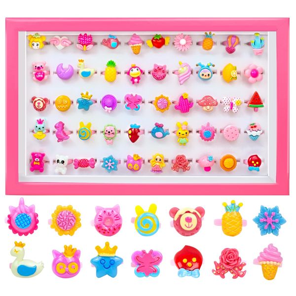 50 Pcs Little Girl Jewel Rings, 3 4 5 6 Year Old Girl Birthday Gifts for Party- Adjustable & No Duplication Kids Play Ring in Box for Pretend Play and Dress Up Jewelry Set Stuffers Party Favors