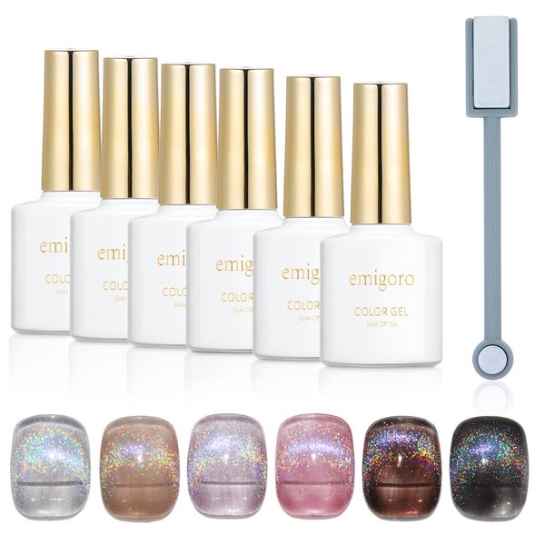 Emigoro Magnetic Nail Gel Gel with Magnets, Set of 6, 0.3 fl oz (10 ml), Color Gel, Glitter, Rainbow, UV, LED Compatible