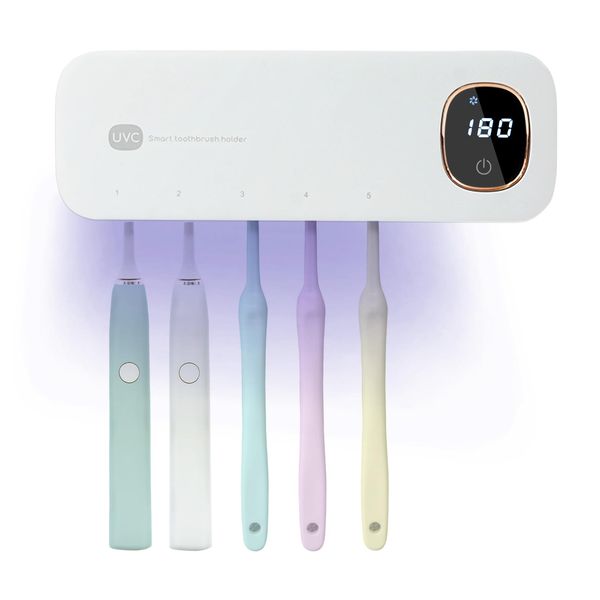 créer Toothbrush Disinfecting Device, UV-C LED Light, Wall Mounted, No Drilling Required, Rainy Season Protection, Quiet, USB Rechargeable, Automatic Timer, Compact, For Families, 5 Pieces, Shaving Compatible, Regular Disinfection