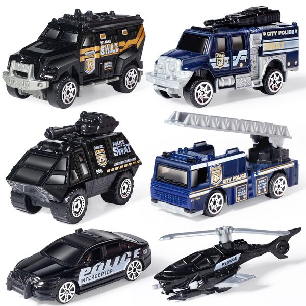 Oriate 6 Pack 1/64 Die-cast SWAT Police Cake Topper Kids Cars Toddler Boy Toys Set, Mini Cop Toy Car, Helicopter, Rescue Truck, Military Vehicles Toys, Birthday Gift for 3-5 Year Old Boys Girls