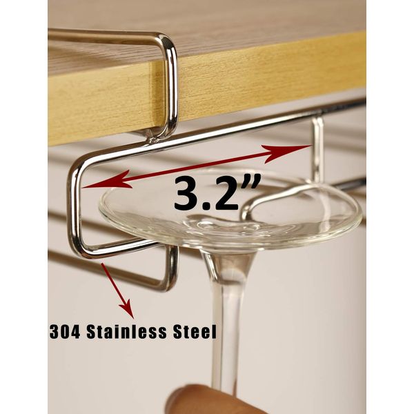 bafvt Wine Glass Holder - 3 Rows Stemware Rack Under Cabinet - 304 Stainless Steel Hanger Storage Shelf, Fit for The Cabinet 0.8“ or Less