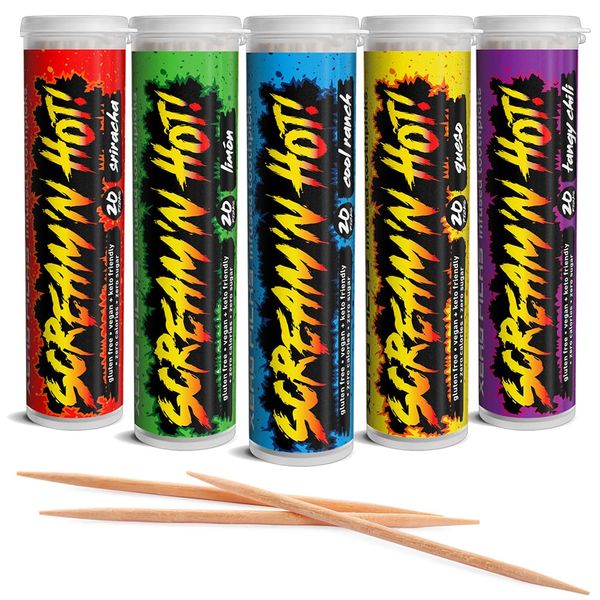 Xero Picks® Scream'n Hot Flavored Toothpicks (100 Picks - 5 Pack - Cool Ranch, Limone, Queso, Tangy Chili, Sriracha)