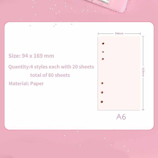 80 Sheets, A6 Pink Refill Loose Leaf Paper, 6 Hole Notebook Refill for Binders, Planner Refills