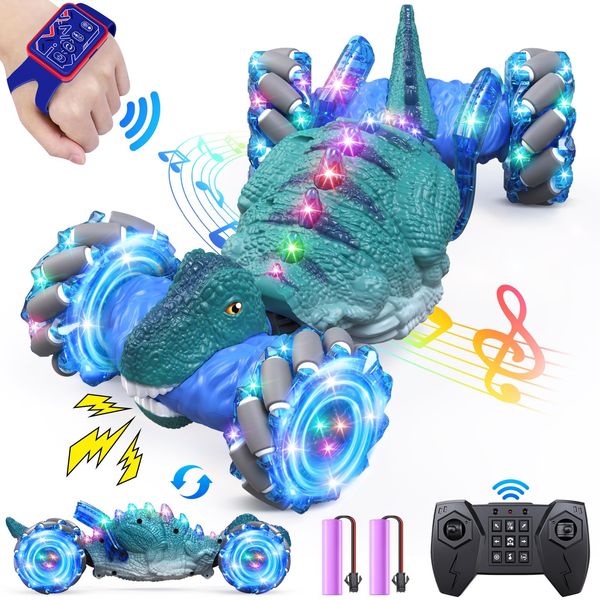 OSIMILY Remote Control Car,Dinosaur Toys car for Kids,2.4GHz LED Gesture Sensing RC Car,4WD Rotation RC Stunt Car with Lights and Music,Dino Toys for Kids Ages 3 4 5 6 7 Gifts for Boys Girls(Blue)