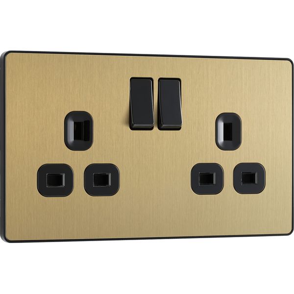BG Electrical Double Switched Power Plug Wall Socket, Screwless, Evolve, Satin Brass, 13A, PCDSB22B