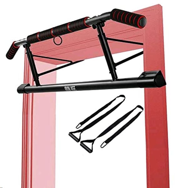 Iron Age Pull Up Bar For Doorway - Angled Grip Home Gym Exercise Equipment - Pullupbar With Shortened Upper Bar and Bonus Suspension Straps(Fits Almost All Doors)