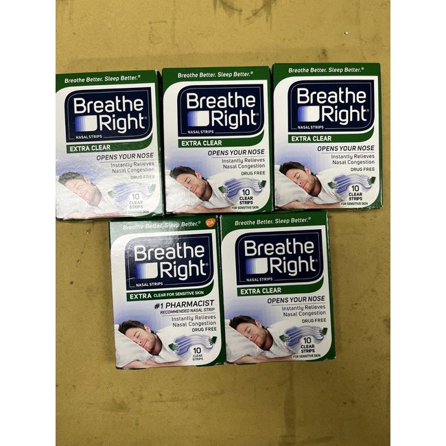 5 New Breathe Right Nasal Strips Extra Clear - 10 Clear Strips Each Box