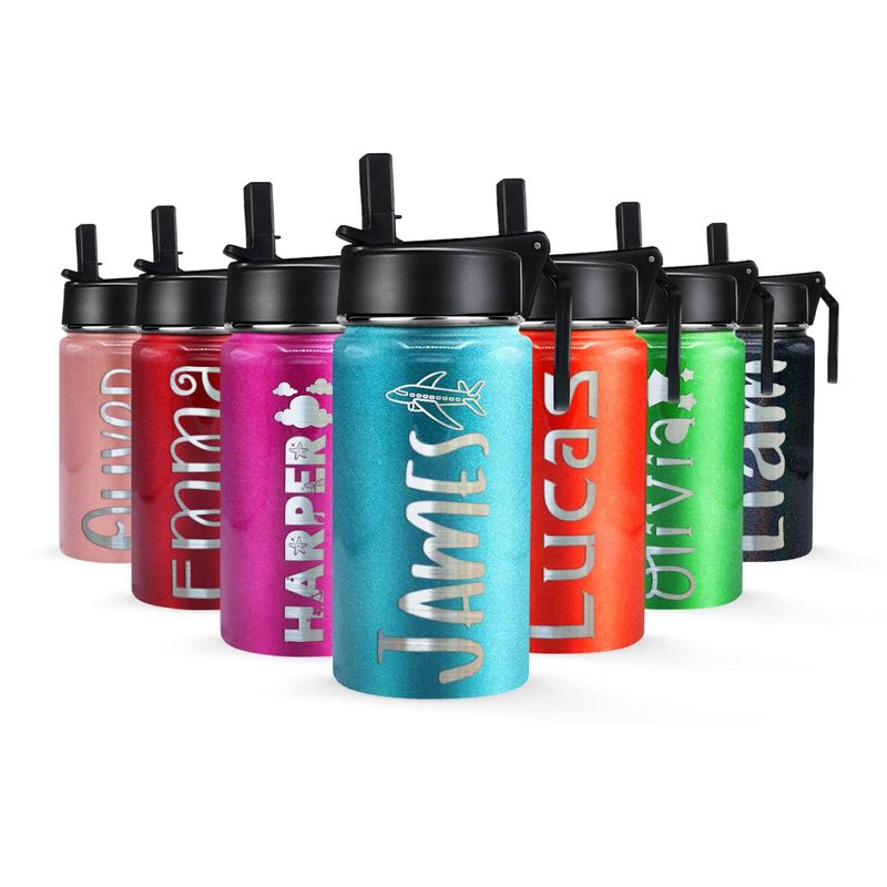 Personalized Kids Water Bottle with Straw Lid on Seafoam Glitter for ...