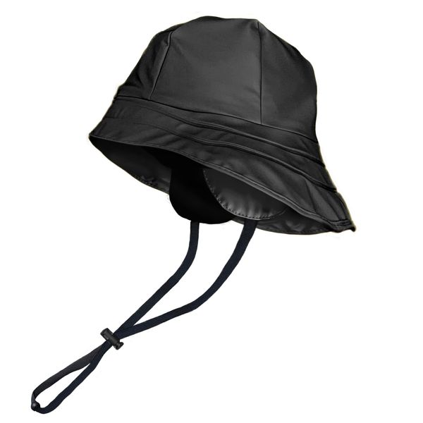 Toutacoo Regenhut, wasserdicht, Schwarz, breite Krempe, mit Kinnriemen und Ohrenschutz, innen Fleece (01- Schwarz)