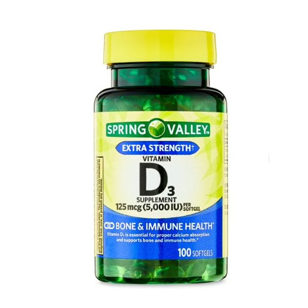 Spring Valley Vitamin D3 Softgels, 5000 IU, 100 Count FRESH