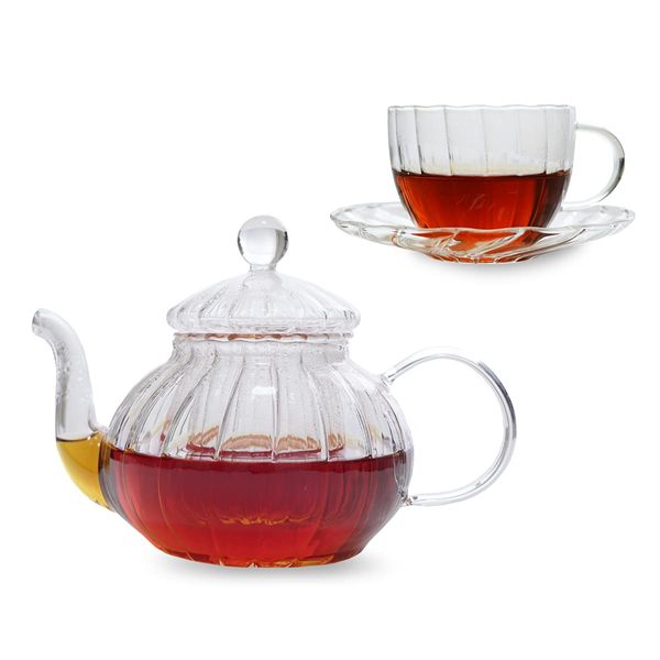 Siroppu Tea Set, Tea Cup with Saucer, Transparent, Heat-resistant Glass, Strainer, Glass Pot, Tea Herb Tea, Teapot, Scandinavian Pot, Lightweight, Slim, Stylish, New Life, Minimalist (Glass Pot + Cup & Saucer)