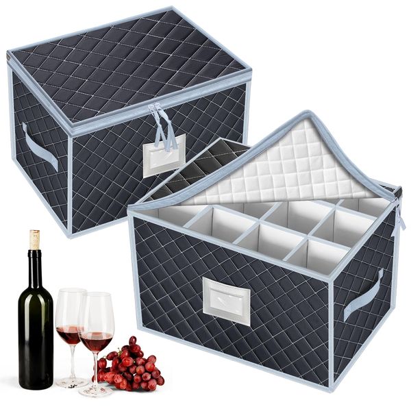 VERONLY Wine Glass Storage Box with Dividers Holds 24 Stemware Storage Cases or China Crystal Glassware Containers with Handles and Lable Window (15.5" x 12.5"x10")-Set of 2 Grey