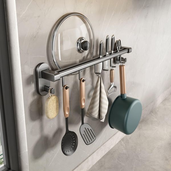 VOLPONE Kitchen Tool Hooks, Aluminum, Kitchen Rack, Strong Adhesive, Gray, Kitchen Storage, Lightweight, Kitchen Tools, Storage, Waterproof, Rustproof, Wall Hanging, Storage, Movable Hooks, 15.7