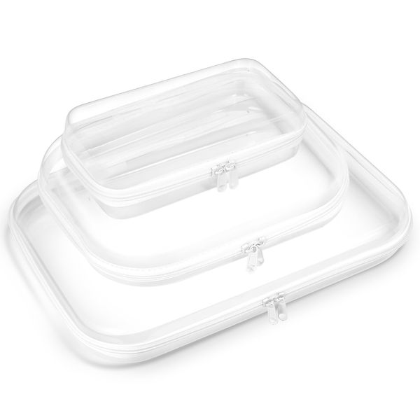 3 Pack Zippered Hard Pouch, Clear Plastic Storage Box Containers Small Toiletry Bag, Clear Hard Shell Zipper Case for Small Items, Toys, Building Blocks, Puzzles, Cosmetics&Stationery, 3 Size (White)