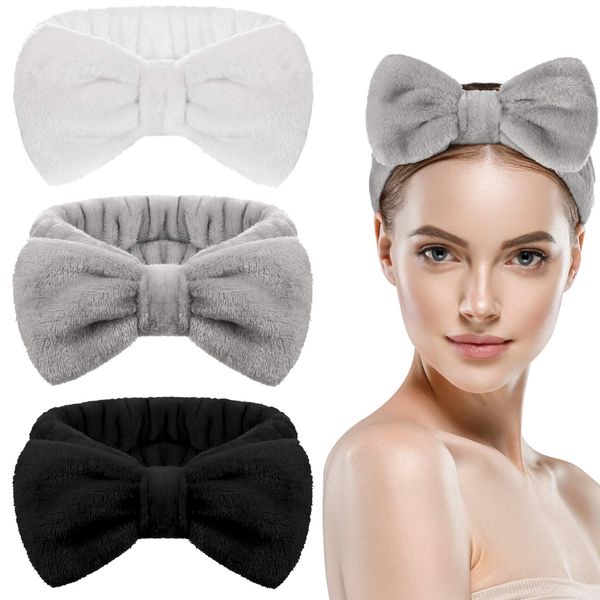 WILLBOND 3 Pieces Bowknot Hair Bands Makeup Headbands Bow Hair Wrap Towel Coral Fleece Cosmetic Hairband Sports Bath Shower Hairbands for Women Girls