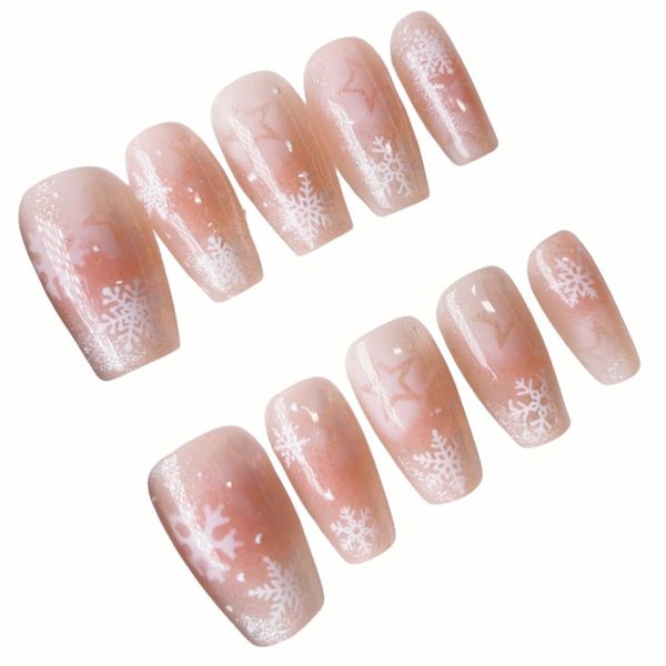 Kokowomite Nails Handmade Nail Tip, Korean Medium, Long, False Nails, Pink, Stylish, Cute Design, Snow Flower, Coming-of-Age Ceremonies, School Entrance Ceremonies, Graduations, Dating, Parties, Daily