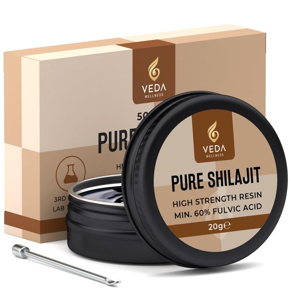 Pure Shilajit Resin 20g - 60% Fulvic Acid, High Strength, Lab Tested, 84+ Minerals. Maximum Bioavailability, Vegan Friendly. Made in The UK by Veda Wellness