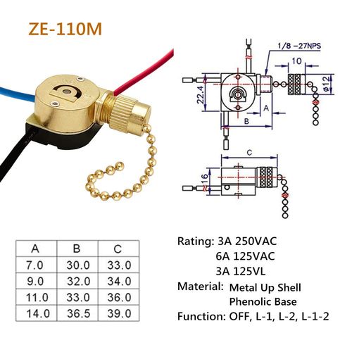 Ceiling Fan Switch Zing Ear ZE-110M Pull Chain Light Switch 3 Wire Metal Body Speed Fan Switch Ceiling Fan Light Lamp Replacement Switch, 2PCS Brass
