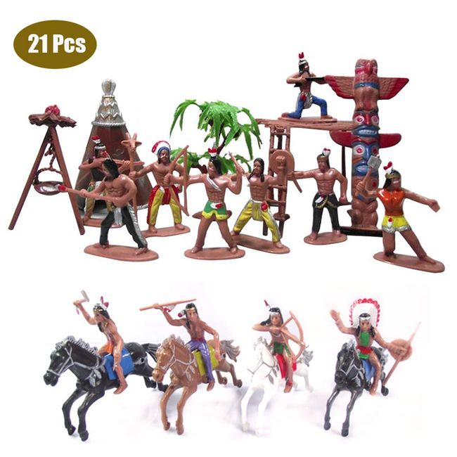 21 Pcs Plastic Indian Figures Playset Toy Native American Figures with Horse, Tent, Totem etc. Wild West Cowboy Miniature Kit Great for Kids Children as School Project, Christmas,Birthday Gift