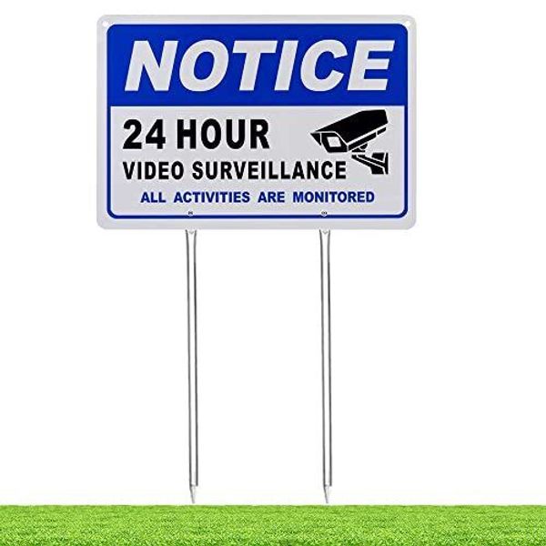 24 Hour Video Surveillance Sign with Metal Stakes Aluminum Yard Sign 11.8" x ...