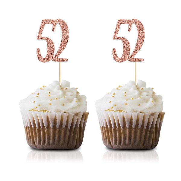 Rose Gold 52nd Birthday Cupcake Topper, 24-Pack Number 52 Glitter Happy Birthday Party Cupcake Toppers, Decorations