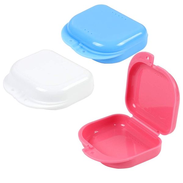 ZCDA Denture Box, Retainer Case, 3 Pcs Retainer Box for Braces, Denture, Retainer, Mouth Guard, Dry and Breathable (Pink, White, Blue)