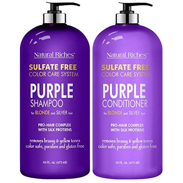 Natural Riches Purple Shampoo and Conditioner Set Sulfate Free Salon Grade for Silver Blonde and Platinum Hair. Removes Yellow & Brass tones. Blonde Shampoo for Silver Grey Highlighted Hair 16x2 fl oz