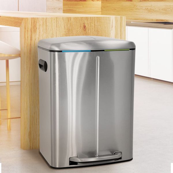 Kitchen Trash Can 10 Gallon Double Barrel Stainless Garbage Container w/ Lid