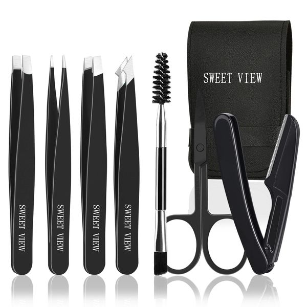 SWEET VIEW 7 Stück Pinzetten-Set, Augenbrauenzupfer für Frauen und Männer Gesicht, Braue, Kinn, eingewachsene Haare (Schwarz)