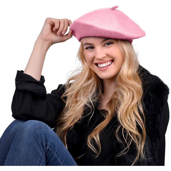 Parquet Solid Color French Beret Wool Material. Classic French, Casual and Chic Lightweight Beanie Cap Hat Pink