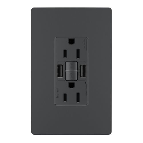 Legrand Pass & Seymour Radiant 15 Amp GFCI Wall Power Outlet with 2.0 Amp USB A/A Charger, Graphite