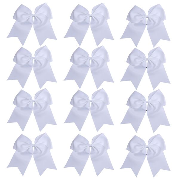 8 Inch Cheerleader Bows Ponytail Holder Solid Color Cheerleading Bows Hair Tie (White)