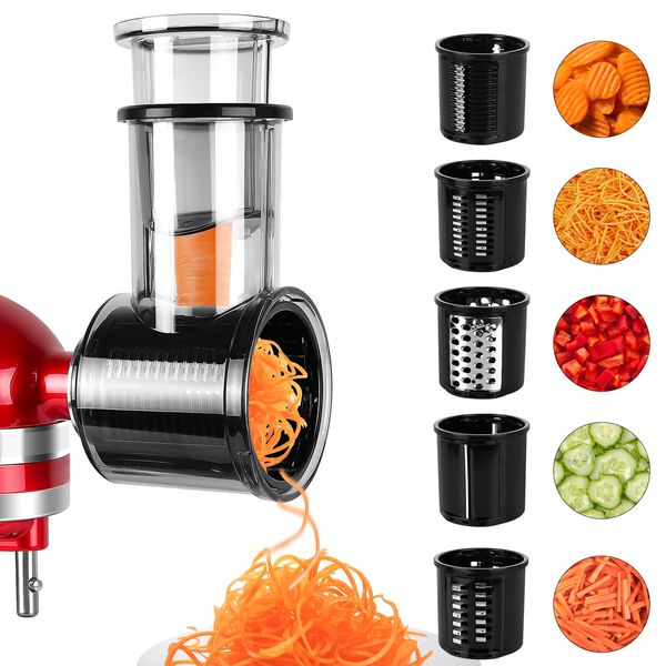 LETOMS Aufsatz für KitchenAid Standmixer, Käsereibe, Gemüseschneideraufsatz für KitchenAid, Schneidezubehör mit 5 Klingen