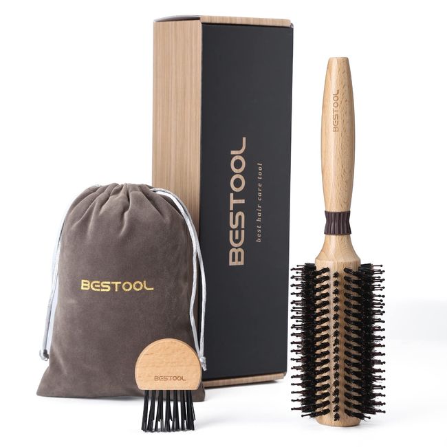 BESTOOL Round Brush for Blow-Drying, Boar Bristles with Nylon Pins Round Hair Brush, Professional Round Styling Brush for Women and Men, Straightening, Curling, Improving Hair Texture (Barrel 28mm)