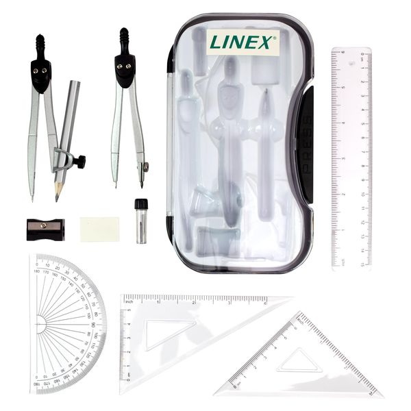 Linex Maths Geometry Set with Transparent Case – Black 10-Piece Exam Kit Featuring Compass, Protractor, Ruler, Set Squares & Eraser