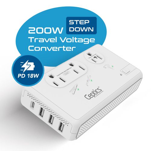 Ceptics Voltage Converter for Travel, 220V to 110V Converter w/Type C, E/F, G, I Plugs, 2000W Outlet for Hair Dryers, 4 USB w/ 1 USB-C PD 18W Fast Charge, for Curling Iron, Straightener, Chargers