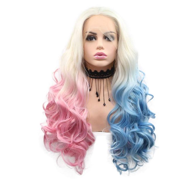 24" Platinum Blonde to Blue/Pink Ombre Body Wave Synthetic Lace Front Wigs Natural Half Blue/pink Heat Resistant Fiber Hair for Woman