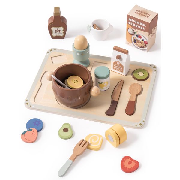 ROBOTIME Play Food Sets for Kids Kitchen, Wooden Food Toys Play Kitchen Accessories, 30+ Pieces Breakfast Set, Montessori Pretend Play Kitchen Toys, Gift for Boys & Girls Ages 3-6