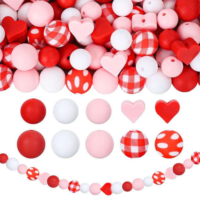 JarThenaAMCS 105Pcs Valentine’s Day Silicone Beads Heart Shape Loose Spacer Beads with Elastic Rope Red Pink White Plaid Dots Round Beads for DIY Crafts Jewelry Necklaces Keychain Making