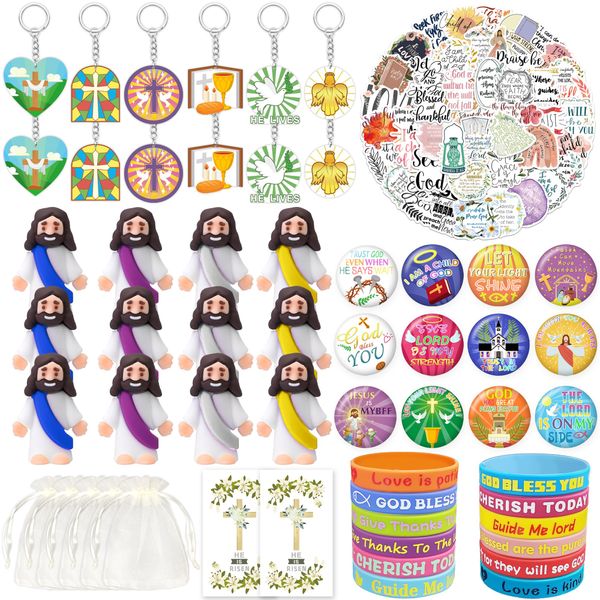 Tazimi 122 PCS Christian Bible Party Favors Jesus Party Favors Cross Goodie Bags with Stickers Rubber Bracelets Button Pins and Bags for Christian Party Supplies Decorations