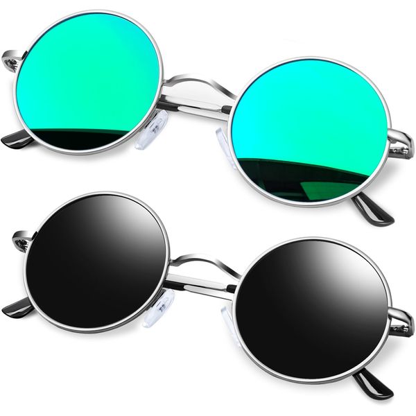 KANASTAL 2 Pack Round Sunglasses Mens Black Green Mirror Vintage Metal Frame Circle Mirrored Flat Lens Women Festival - Silver Green Lens + Silver Frame Black Lens